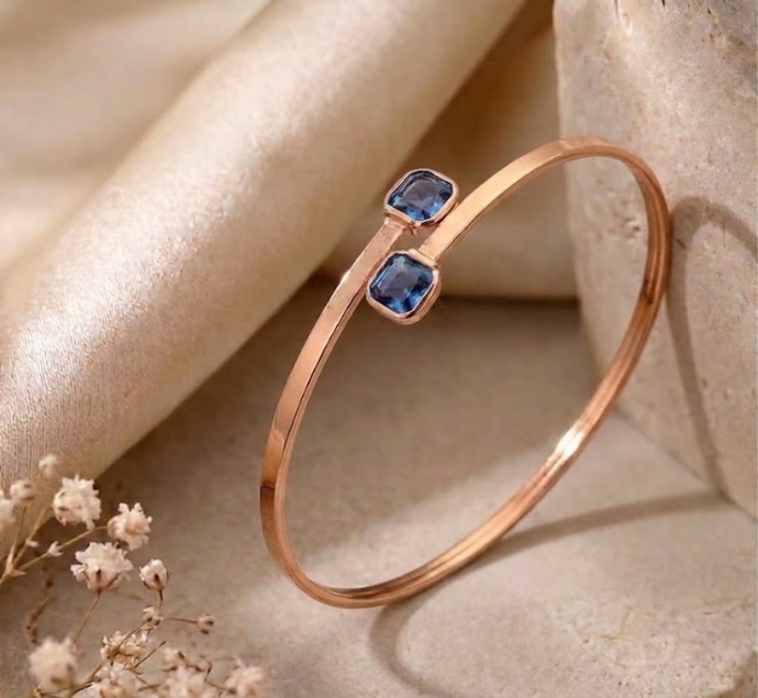 Dual Sapphire Blue Square Crystal Rose Gold Bypass Bangle