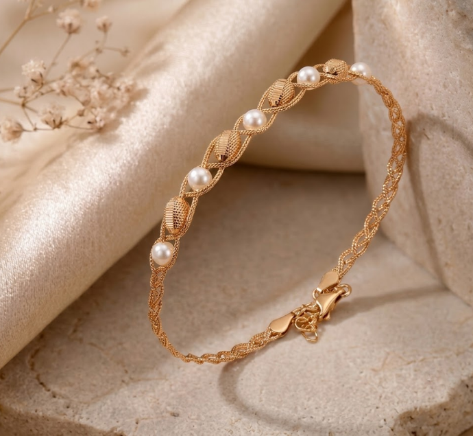 Elegant Gold Pearl Weave Bracelet