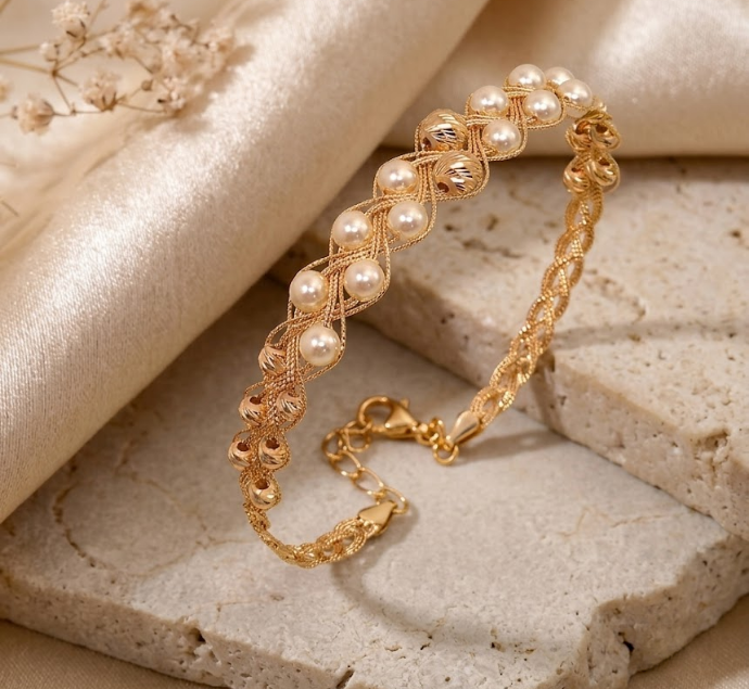 Elegant Gold Pearl Woven Bracelet