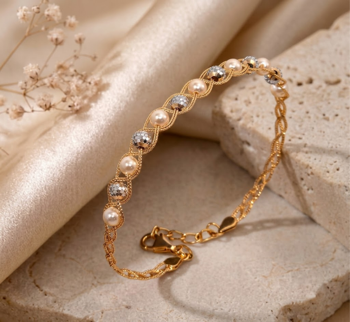 Gold Pearl & Textured Bead Link Bracelet