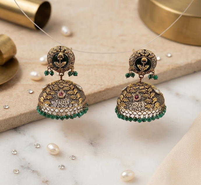 Antique Gold Temple Jhumka Earrings with Green Beaded 