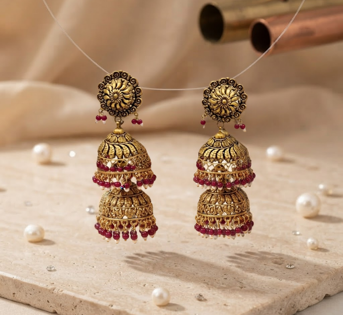 Antique Gold Double Layer Jhumka Earrings with Ruby Beads