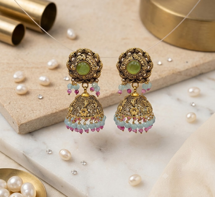 Antique Gold Jhumka Earrings with Green Stone & Pink Bead 