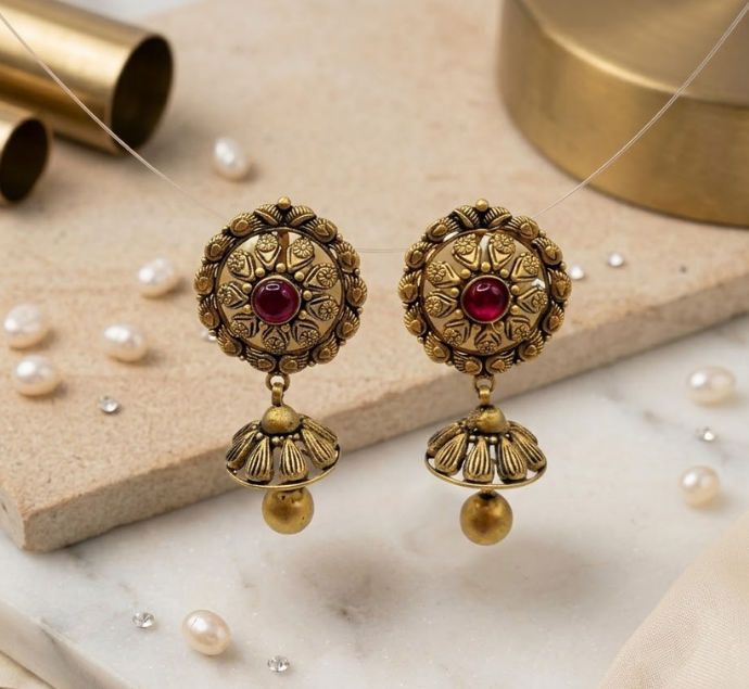 Traditional Red Stone Gold Jhumka