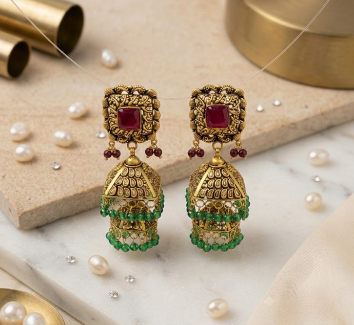 Ruby Green Beaded Jhumka 
