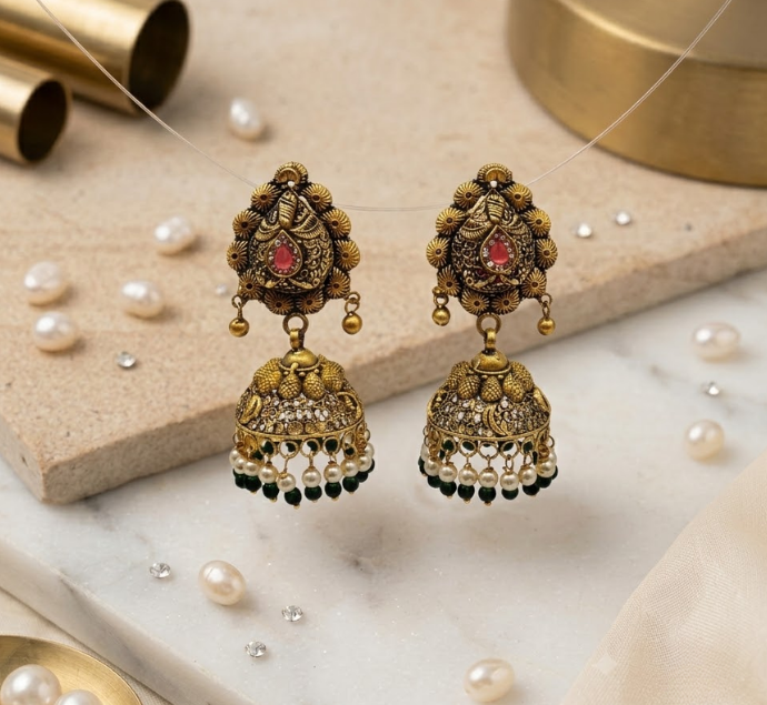 Ruby Green Beaded Antique Jhumka 