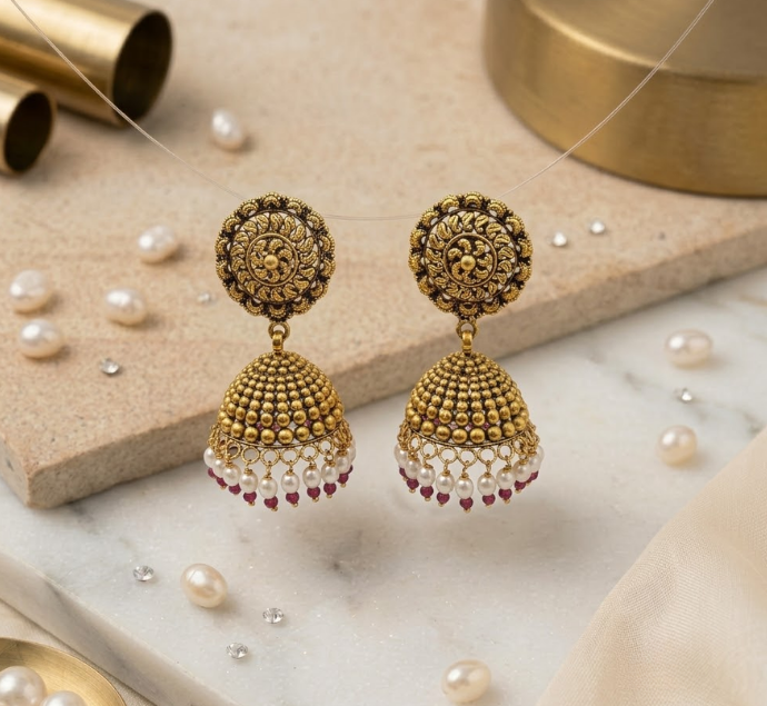 Antique Gold Pearl Beaded Jhumka 