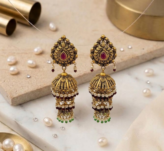Advika Tiered Temple Jhumka Earrings