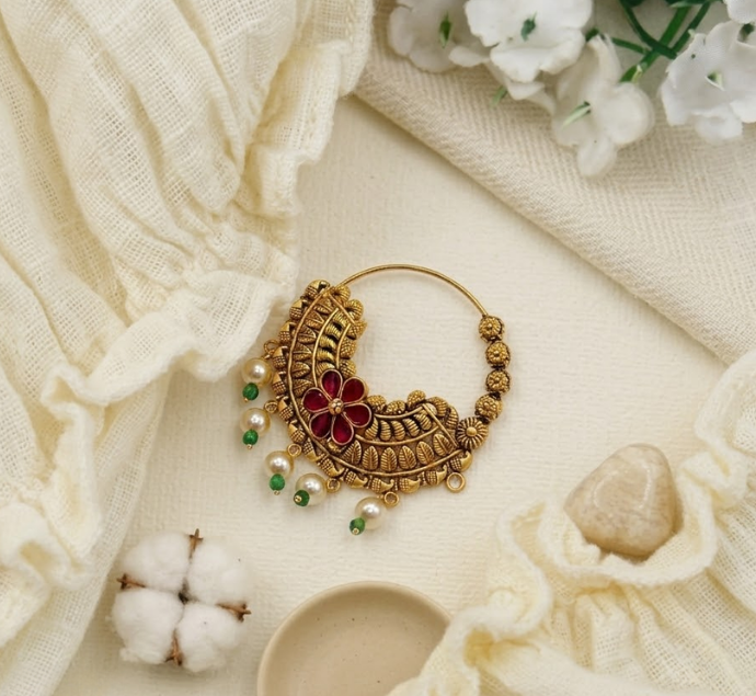 Ethnic Floral Pearl Drop Nose Ring