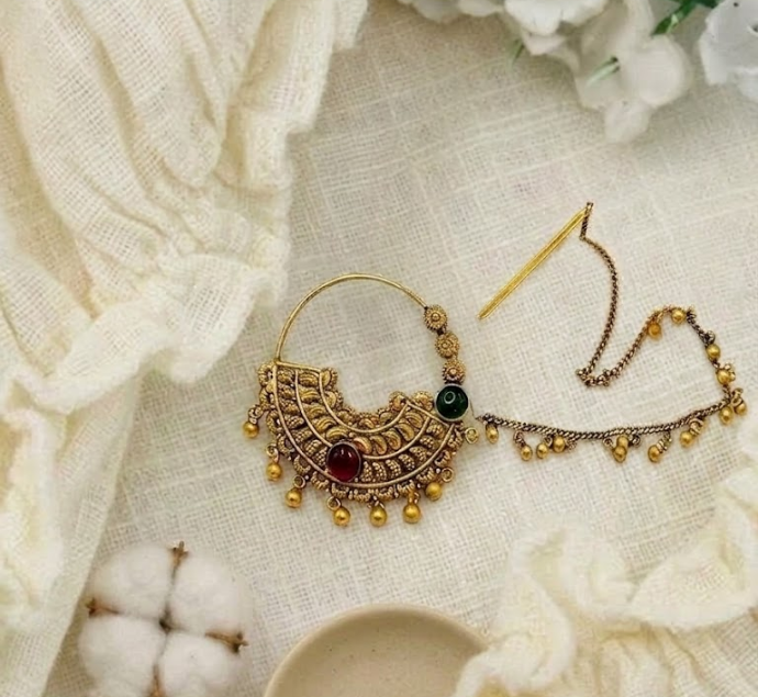 Traditional Ruby Green Stone Gold Nath
