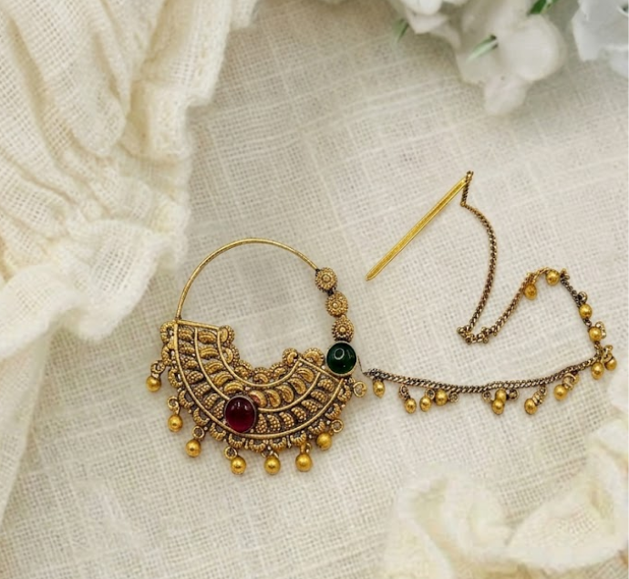 Traditional Ruby Green Stone Gold Nath