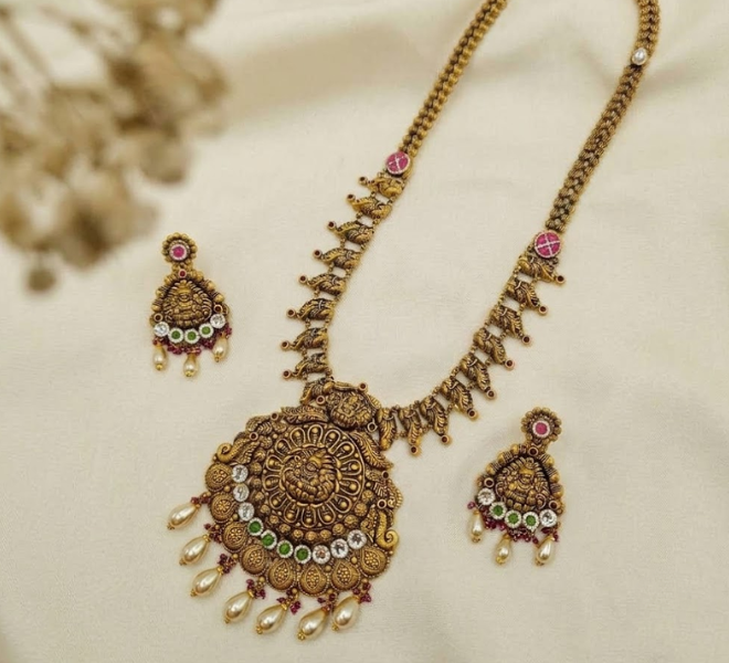 Antique Gold Lakshmi Temple Long Necklace Set