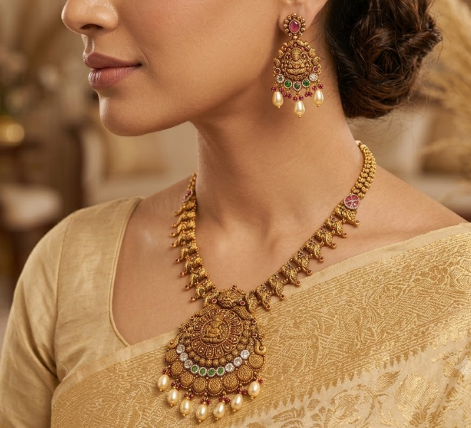 Antique Gold Lakshmi Temple Long Necklace Set