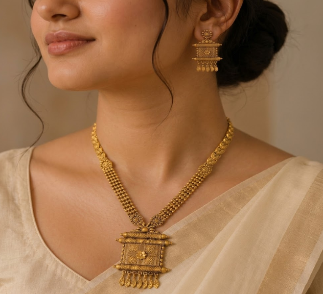 Antique Gold Designer Temple Long Necklace Set