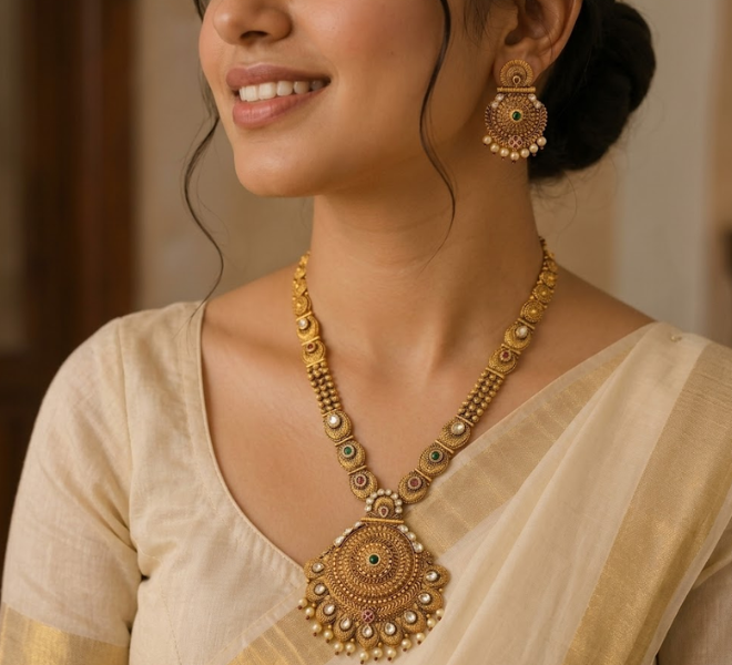 Antique Gold Royal Circular Pendant Long NecklaceSet