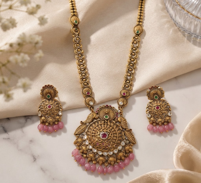 Antique Gold-Tone Temple Necklace Set with Pink Beaded Drops