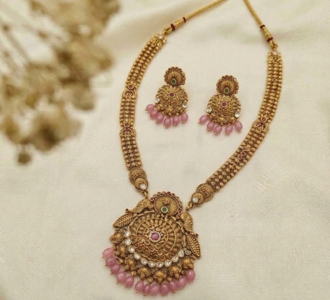 Antique Gold-Tone Temple Necklace Set with Pink Beaded Drops