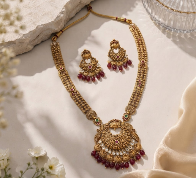 Antique Gold Temple Necklace Set with Maroon Beaded Drops