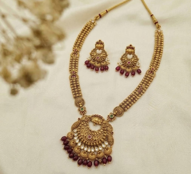 Antique Gold Temple Necklace Set with Maroon Beaded Drops