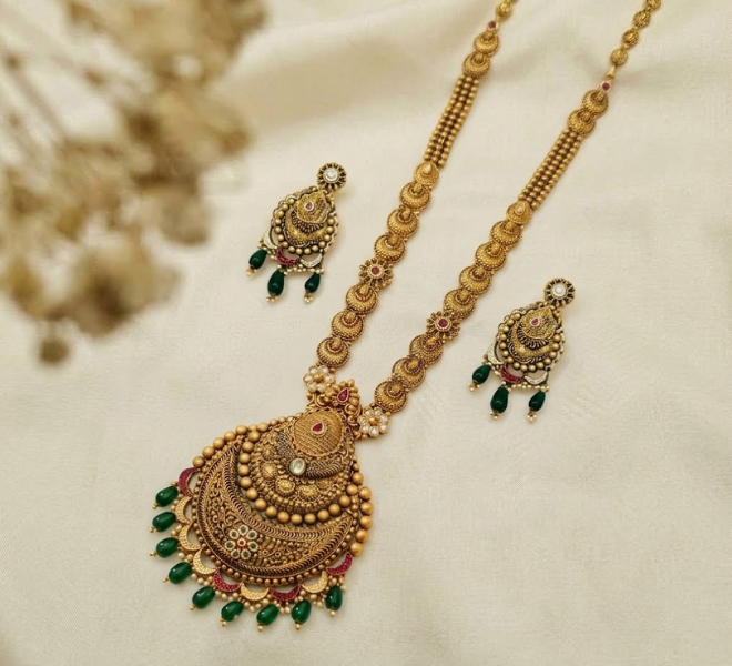 Antique Gold Green Stone Temple Necklace Set