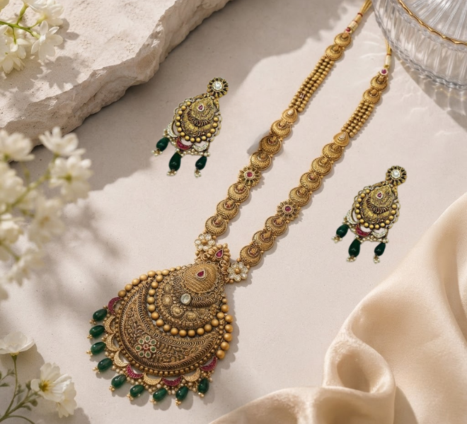 Antique Gold Green Stone Temple Necklace Set