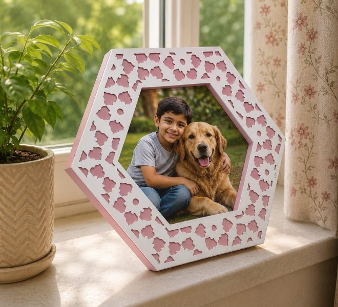 Elegant Floral Hexagon Cutwork Photo Frame