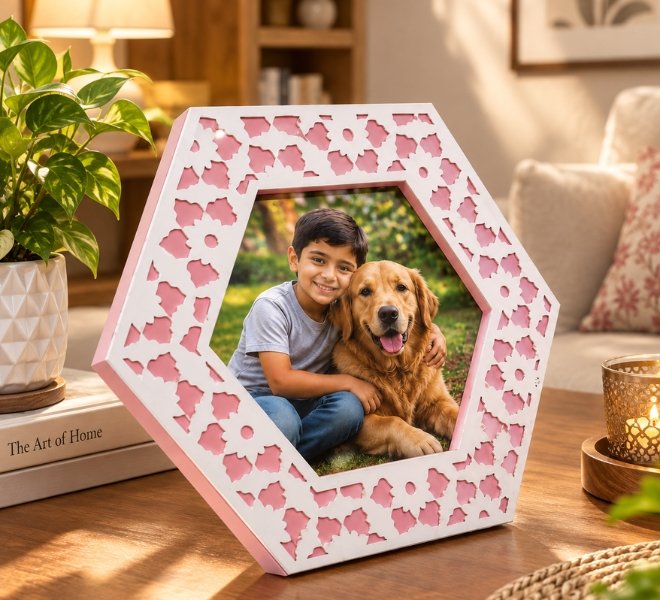Elegant Floral Hexagon Cutwork Photo Frame