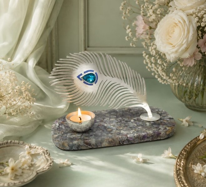 Elegant Crystal Peacock Feather Decorative Showpiece