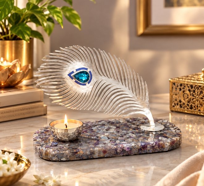Elegant Crystal Peacock Feather Decorative Showpiece
