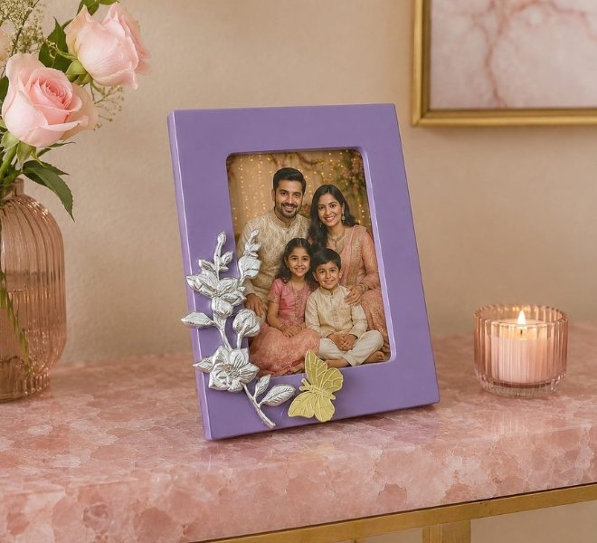Elegant Purple Family Photo Frame with Floral Embellishments