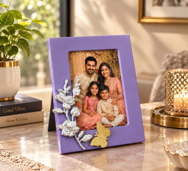 Elegant Purple Family Photo Frame with Floral Embellishments