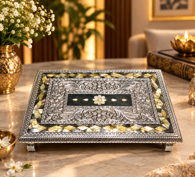 Antique Silver Embossed Decorative Tray