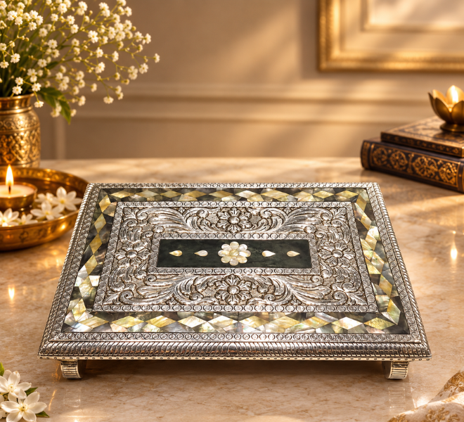 Antique Silver Embossed Decorative Tray