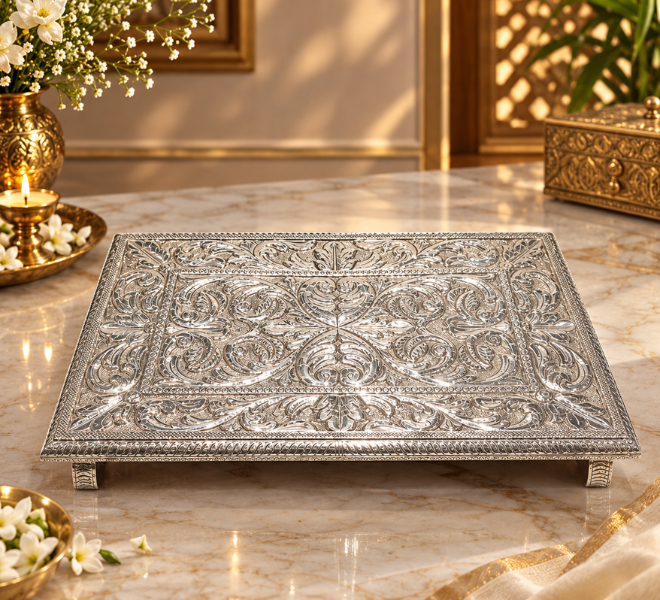 Ornate Silver Embossed Decorative Tray