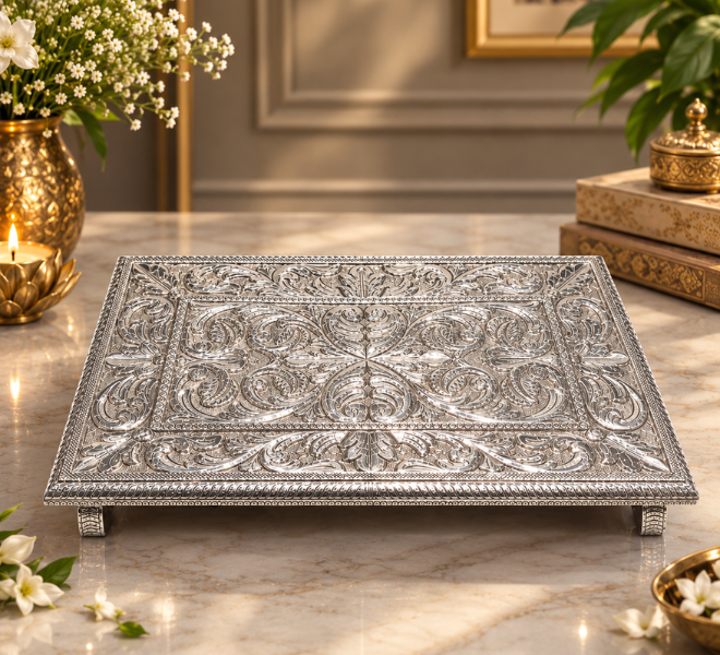 Ornate Silver Embossed Decorative Tray