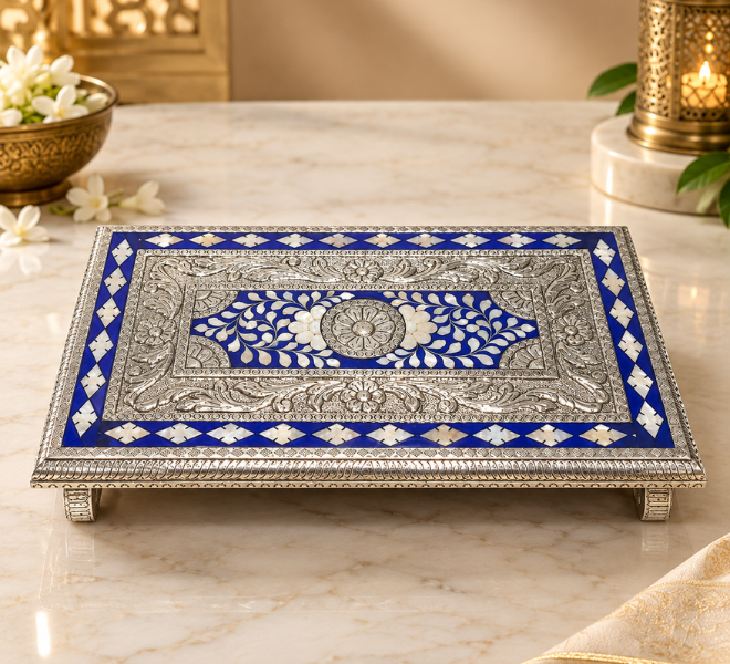 Blue Enamel Embossed Silver Decorative Tray