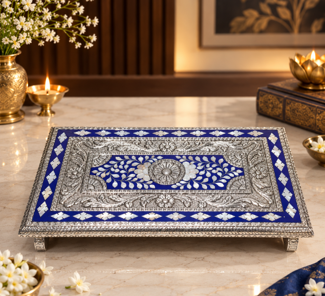 Blue Enamel Embossed Silver Decorative Tray